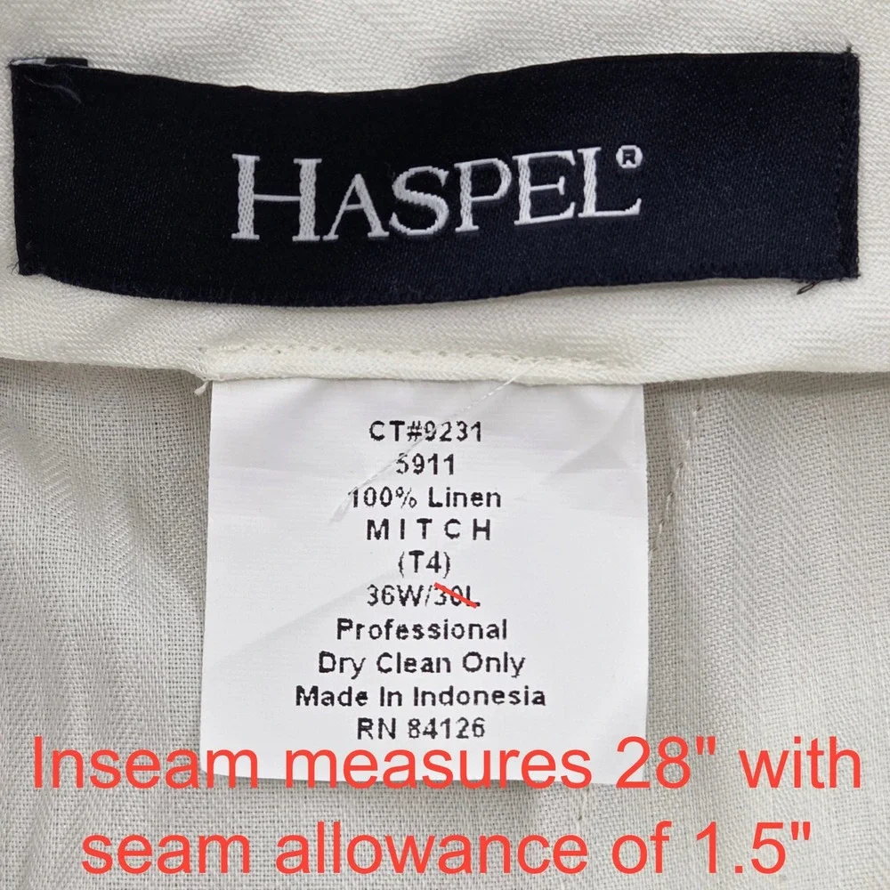 Haspel Mitch 100% Linen Dress Pants Tan Summer Trousers Mens 36x28